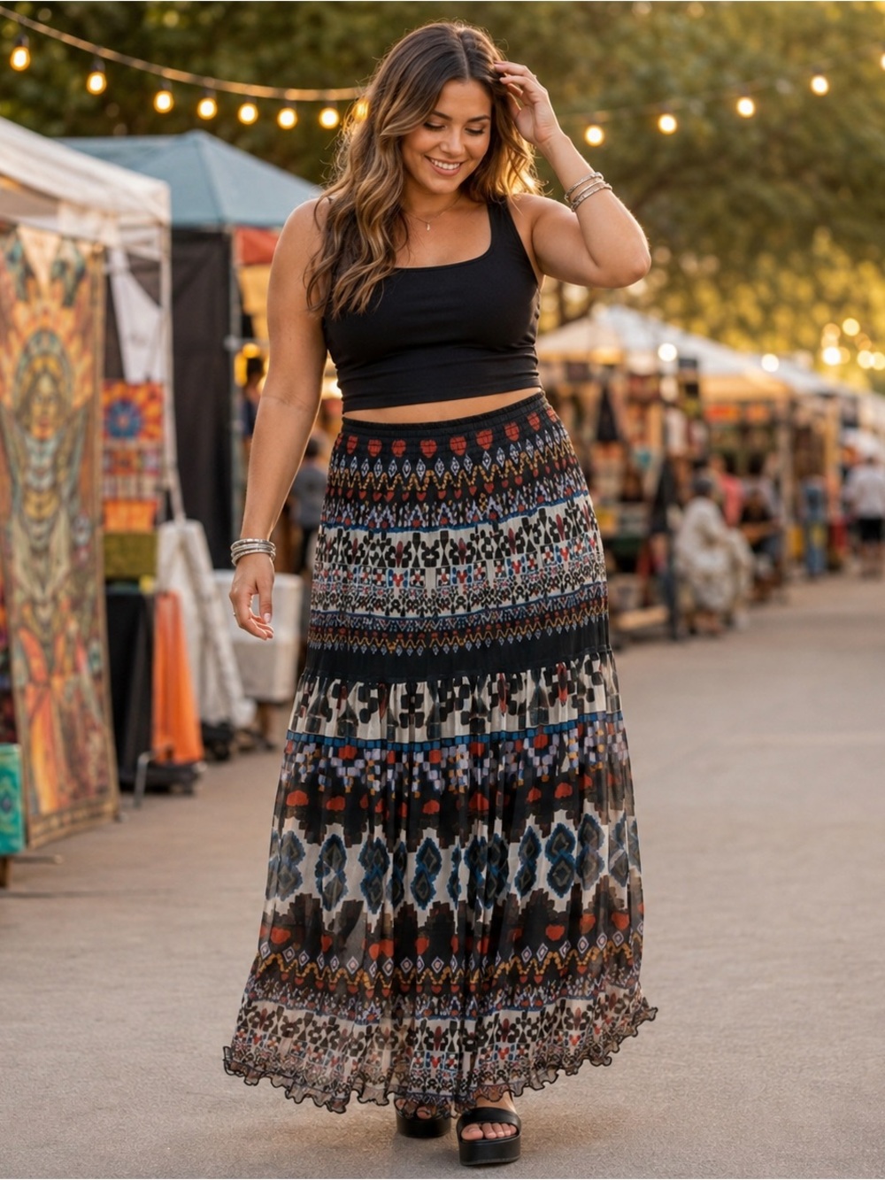 Lapis Women’s Large Multicolor Geometric Print Tiered Mesh Maxi Skirt